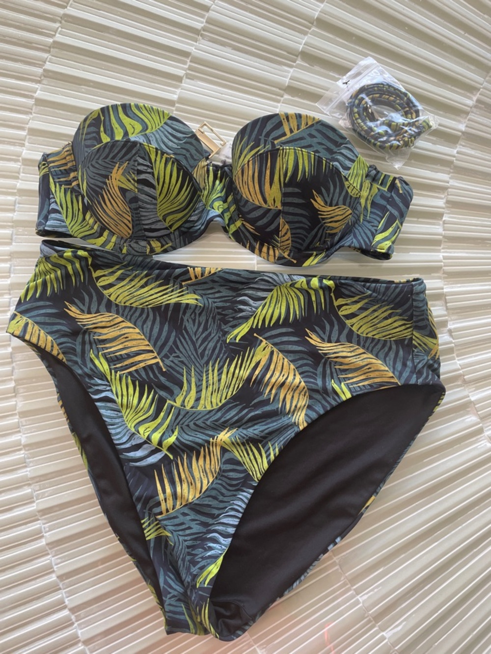 Victoria's Secret Black Bikini with Green and Yellow Tropical Leaf Print